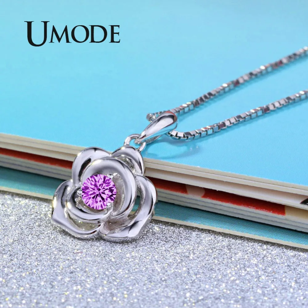 UMODE, новинка, 925 пробы, Серебряная роза, Круглая Подвеска со стразами Фианит, ожерелья для женщин, фиолетовый циркон, бриллиант, 925, ювелирное изделие, ALN0418