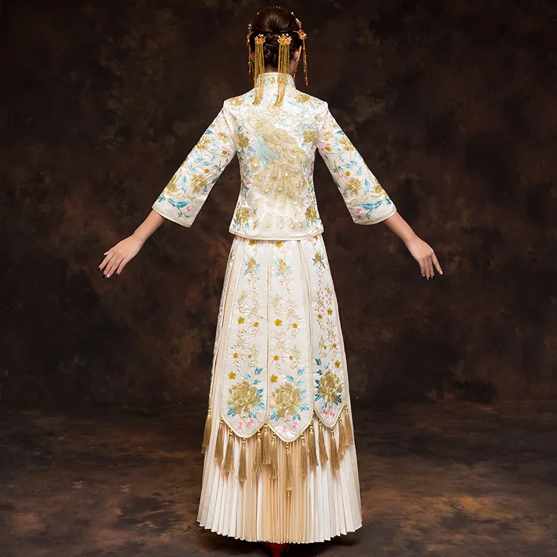 Шампанское традиционное китайское свадебное платье вышивка Cheongsam кисточкой Qipao платья для женщин Ретро Халат невесты традиции S-XXL