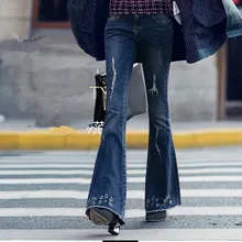 Модные длинные джинсовые брюки для женщин расклешенные брюки плюс размер 24-31 размер джинсовые синие стрейч джинсы с отверстиями