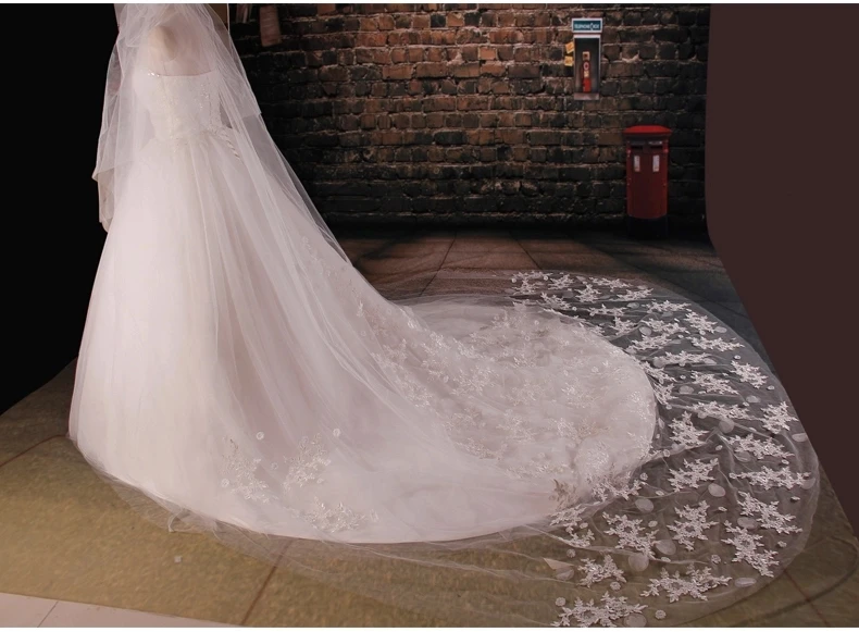 Высокое качество аппликация однослойные свадебные вуали 3,5 м Длинная свадебная вуаль белые свадебные аксессуары WV-1007