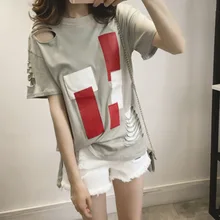 Летняя футболка Женская Корейская Лоскутная открытая футболка с круглым вырезом серая белая хлопковая футболка Женская Плюс Размер