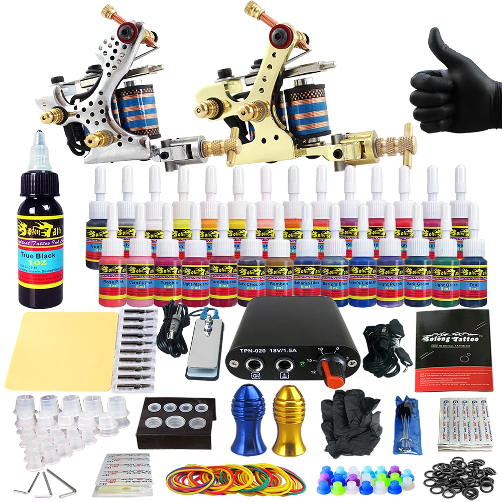 

Tattoo Kit Complete Equipment Machine Power Supply Set Needles Ink Tips TK204-11