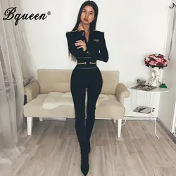 Bqueen Sexy Глубокий V с длинным рукавом Для женщин утягивающий комбинезон однотонные черные женские боди мода полный Облегающий комбинезон