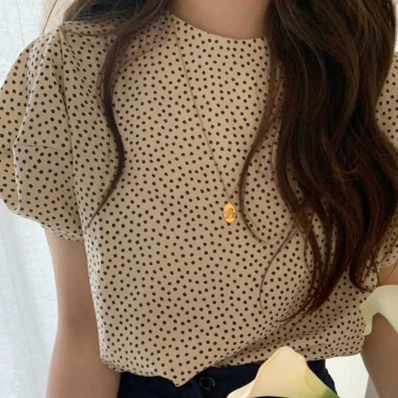 Neploe, летние винтажные женские топы, рубашки с пышными рукавами, элегантная женская блузка, Корейская новинка, в горошек, с круглым вырезом, женская блуза 39574