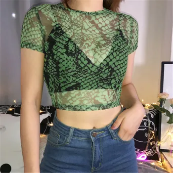 

Sexy Snake Perspective Women Shirts Sports Fitted Crop Vest Tops Short Sleeve Blouse Club Wear Shirt Femme New