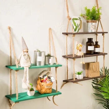 

Nordic Wooden Storage Shelf Bedroom Living Room Wall Hanging Rack String Hemp Cosmetic Sundries Storage Racks Home Decorative