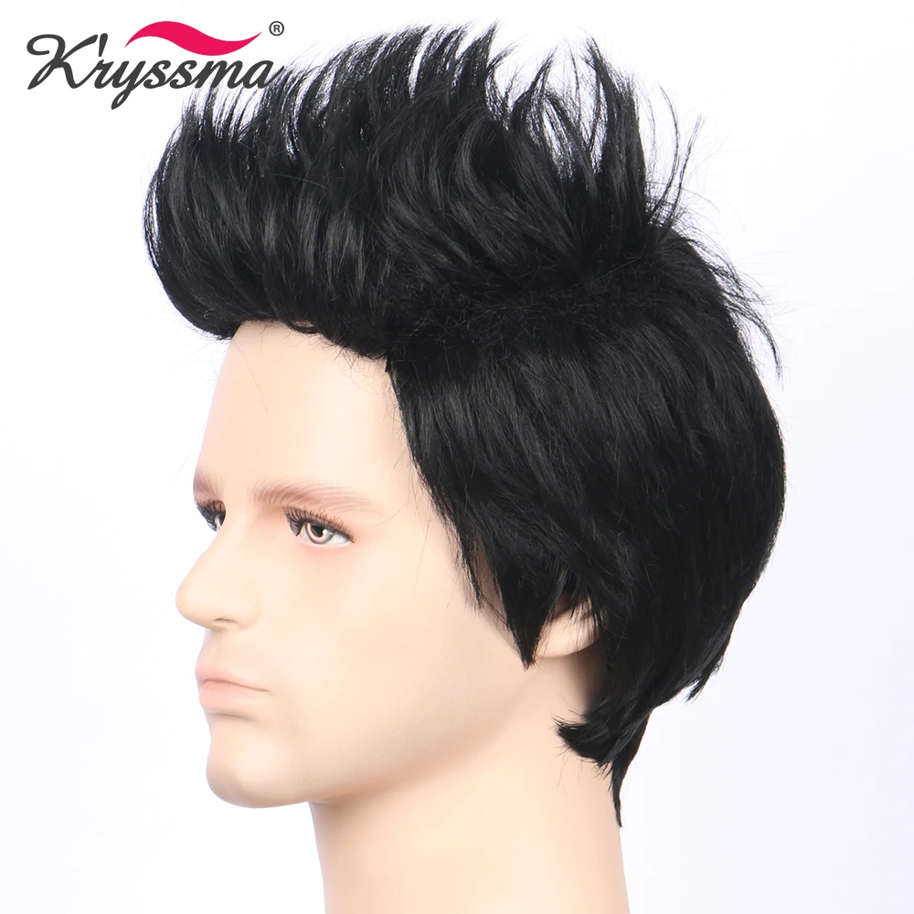 Synthetic Mens Wig Jet Black #1 Short Handsome Fake Hair Wigs for Men Middle East Gentleman Dew Forehead Heat Resistant Fiber