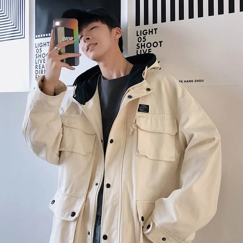 

2019 Autumn Men's Loose Coats Hat Streetwear Casual Bomber Jacket Leisure Multiple Outerwear Male Windbreaker Plus Size M-2XL