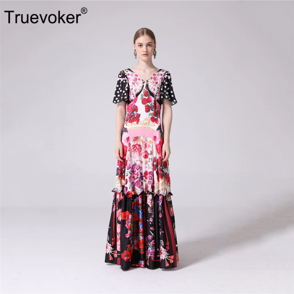 

Truevoker Summer Designer Holiday Long Dresses Women's Short Sleeve Colourful Floral Printed Resort Maxi Vestidoes