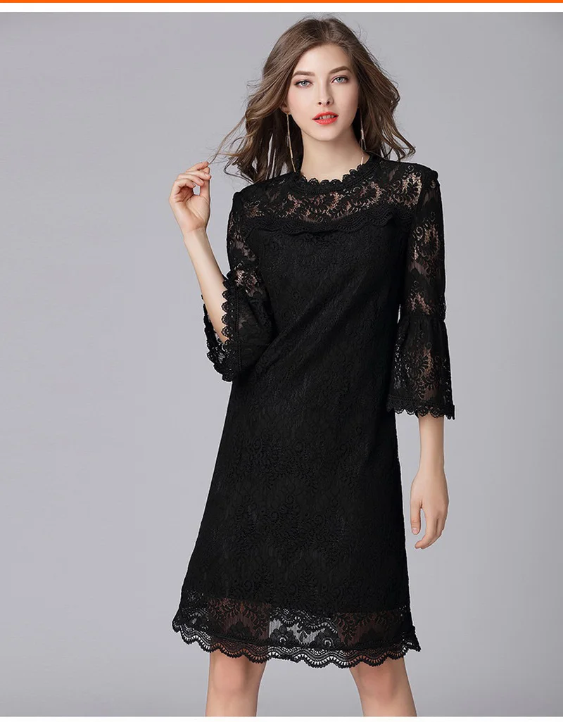 Hollow Out Lace 3/4 Flare Sleeve Elegant Dress