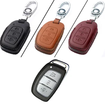 

Genuine PU Leather 3 Button Remote Key Bag Case Fob Holder Chain For Hyundai Series A