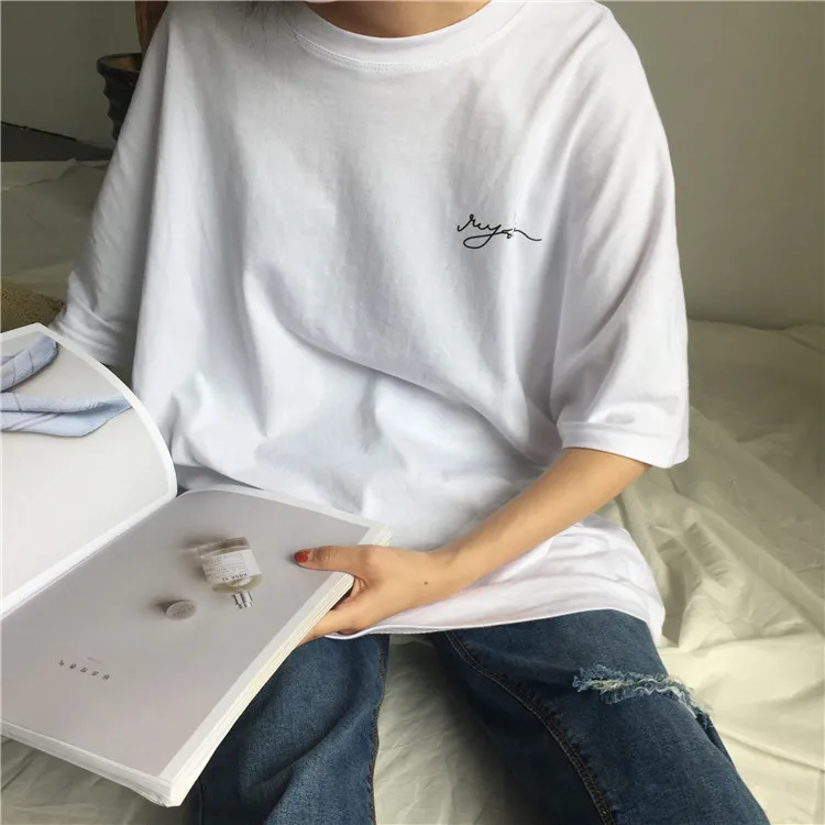 2017 Summer Oversize Loose Character Printed Back White Simple Short Sleeve Female T-shirts