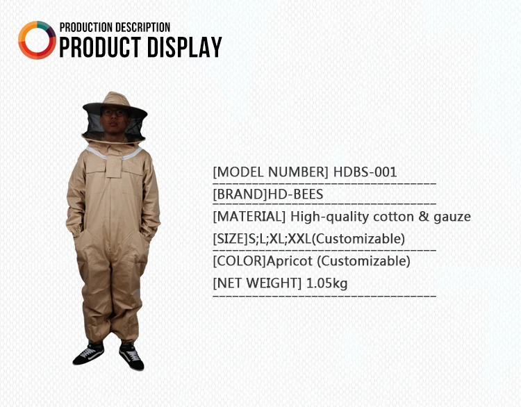 Beekeeper's Protective Suits Beekeeping Apiculture Apricot Zipper and veil Suit with Hat Bee Costume for Beekeeper HDBS-001