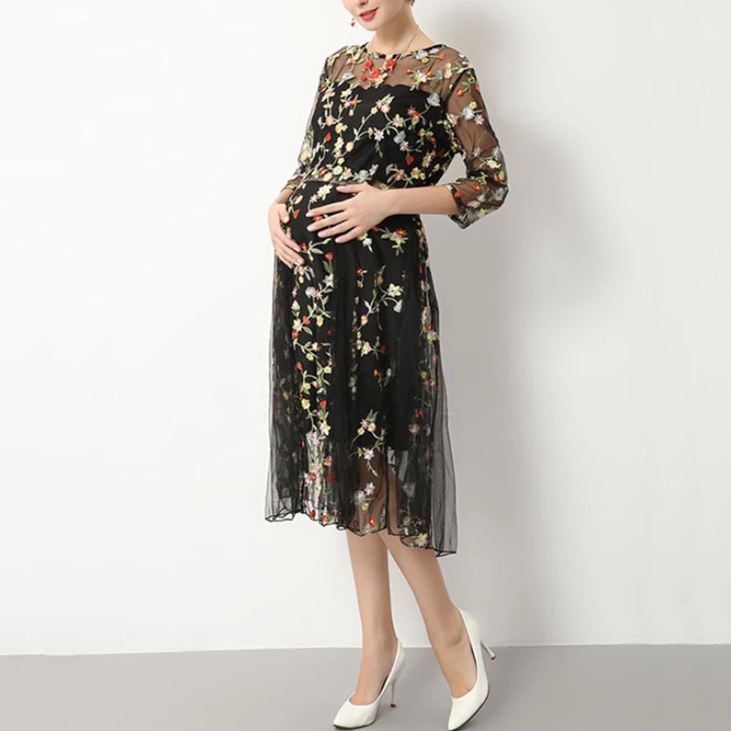 

Photography Maternity Dress Black Embroider Elegant Half Sleeve Pregnant Dress