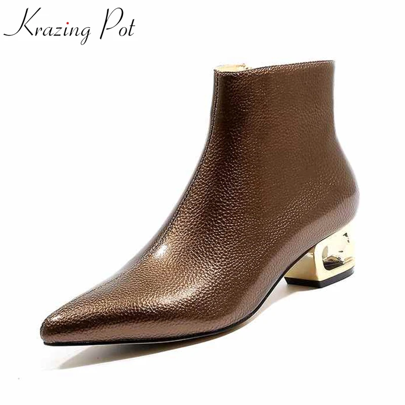 

Krazing Pot 2019 microfiber keep warm pointed toe metal strange med heel European boots high quality dailywear ankle boots L61