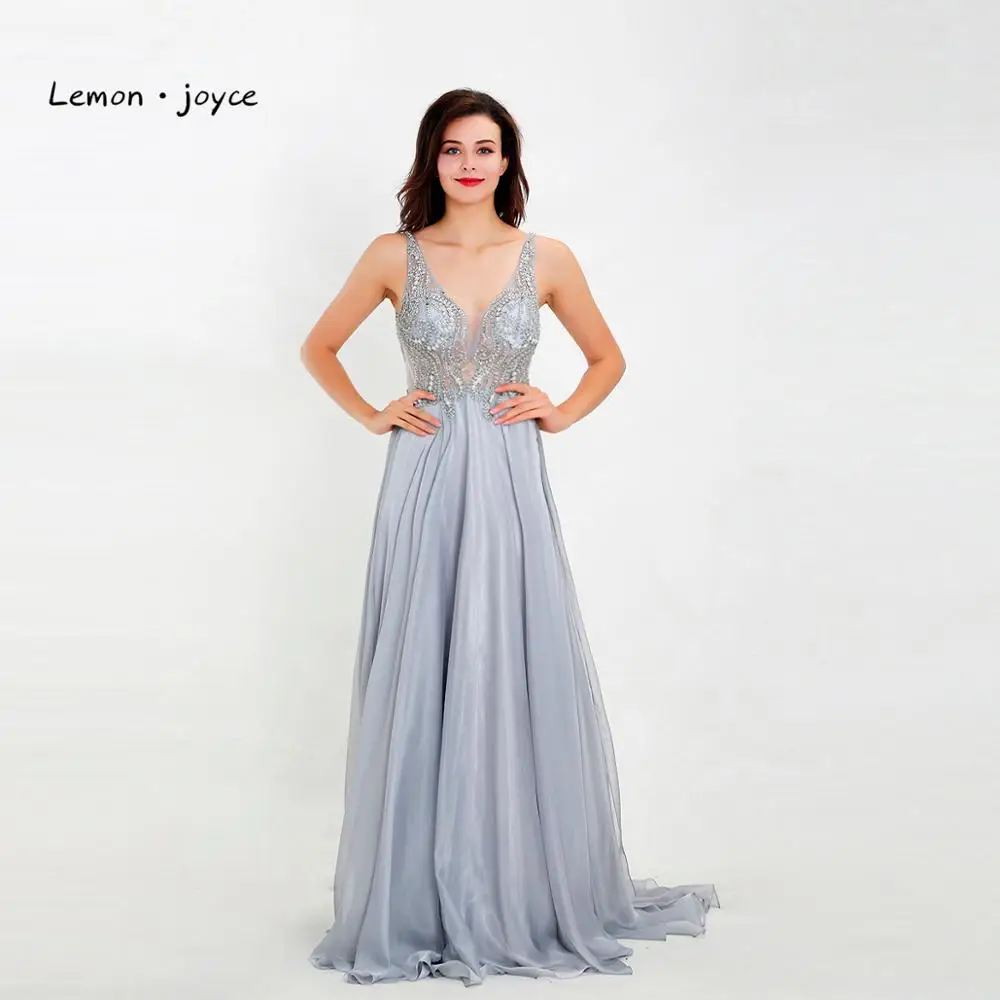 

Lemon joyce Sexy Evening Dresses Long 2019 V-Neck Beading Sleeveless Backless Gray Chiffon Party Evening Gowns Plus Size