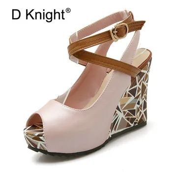 

New Gladiator Wedge Sandals Women Summer Cross-Strap Buckle High Heels Office Ladies Casual Print Platform Party Shoes Woman F11