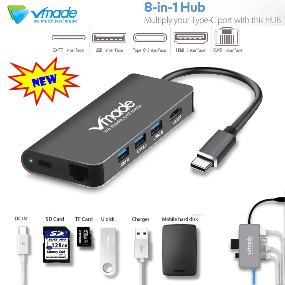 

VMADE Type-c USB HUB USB 3.0 Eight-in-one multifunction docking RJ45 1000M Ethernet for Huawei P20 Pro Huawei Samsung USB HUB