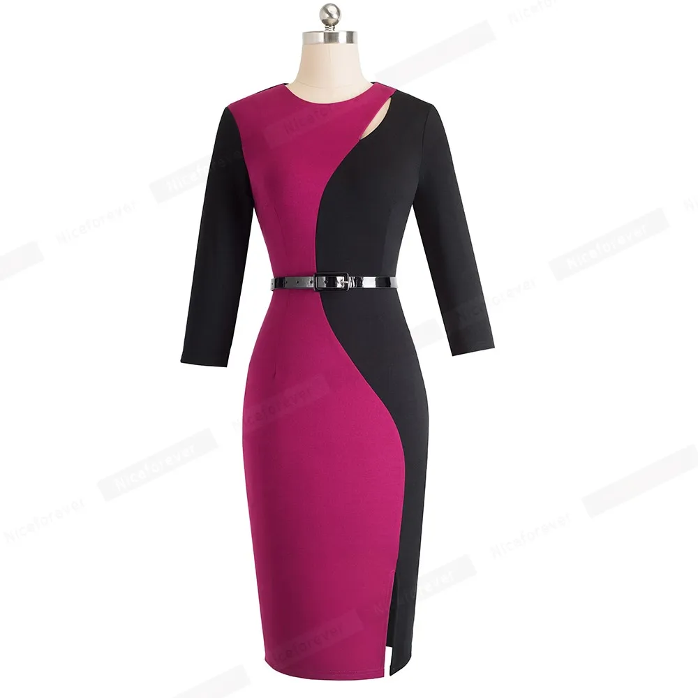 Nice-forever Vintage Contrast Color Patchwork Wear to Work vestidos O Neck Party Bodycon Office Business Women Dress B478