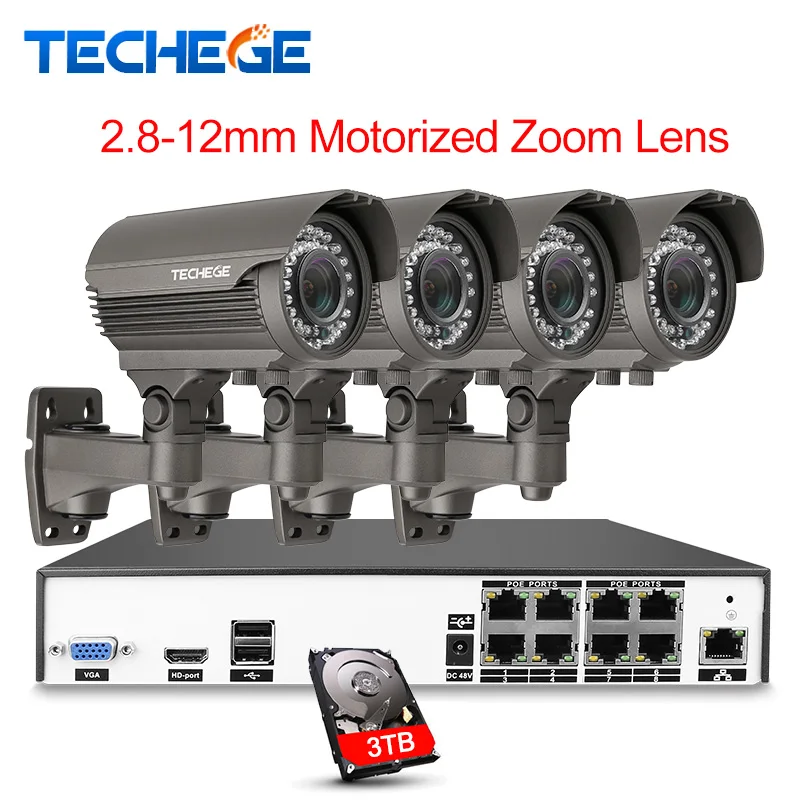 

Techege H.265 8CH POE System 2.8-12mm Motorized Zoom Lens 4.0MP IP Camera 2592*1440 Waterproof Onvif Video Surveillance Kit