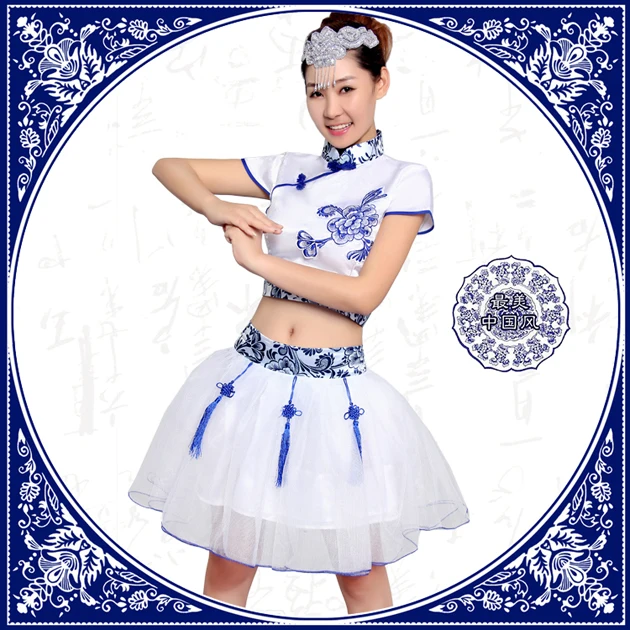 women blue and white porcelain costume cheongsam folk style classical dance drum wear national dance stage performance clothes