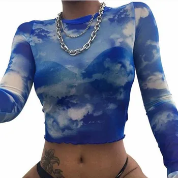 

Best Sell Sky And Clouds Printed Stretch Hip Hop Short Shirt Female Long Sleeve O Neck Crop Streetwear Fashion Female Clothes