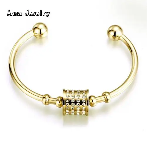 

New Fashion Desginer Open Heart Cuff Bangle,Stainless Steel Metal with Cylinger Charm,Small Stones Setting.3 Gold Color Choose