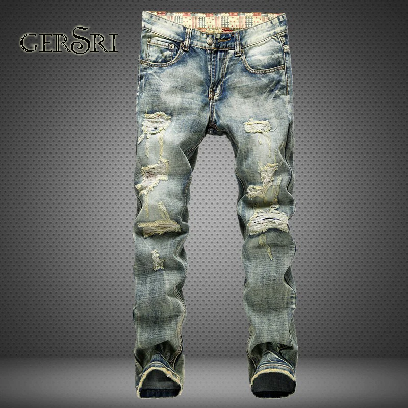 Gersri New Fashion Ripped Jeans Men With Holes Denim 100% Cotton Super Skinny Famous Big Pants Scratched Biker Jean Dropshipping Gersri New Fashion Ripped Jeans Men With Holes Denim 100% Cotton Super Skinny Famous Big Pants Scratched Biker Jean Dropshipping