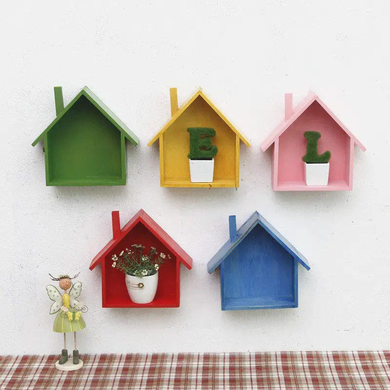 

Wooden House-Shape Storage Racks Wall Hanging Shelves Living Room Bedroom Sundries Key Storage Organizer Decoration 25*23*8.5cm