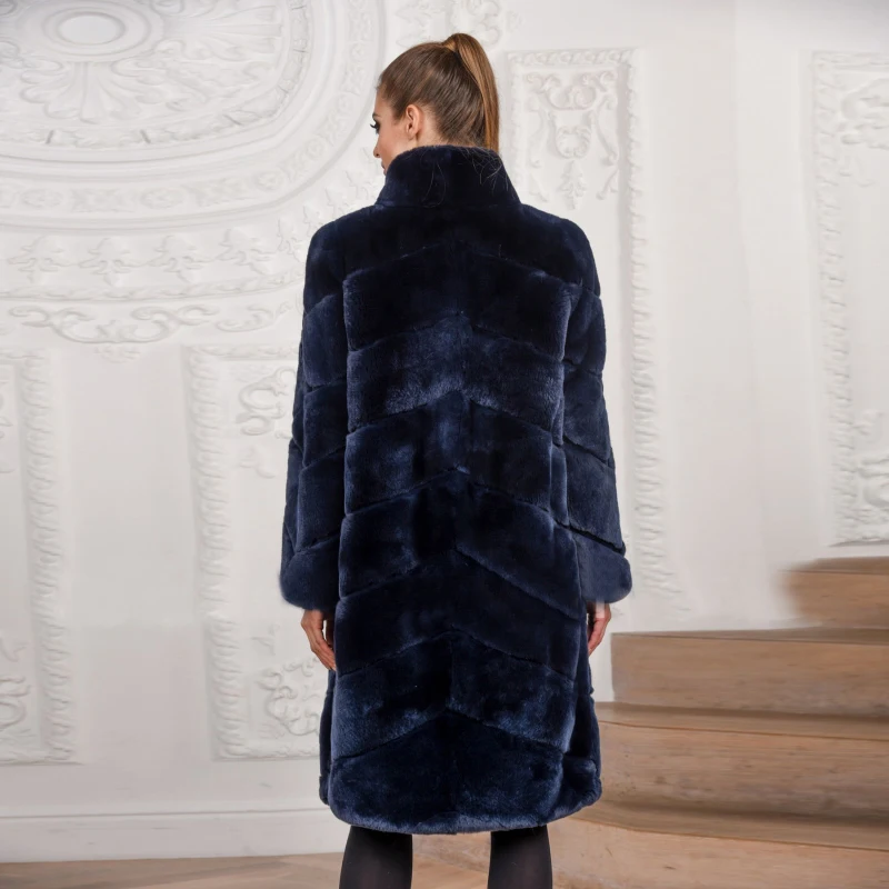 2018 Fashion Women Real Fur Coat Nature Fur From Rex Rabbit Fur Creative Twill Long Jackets With Stand Collar Autumn Winter Tops