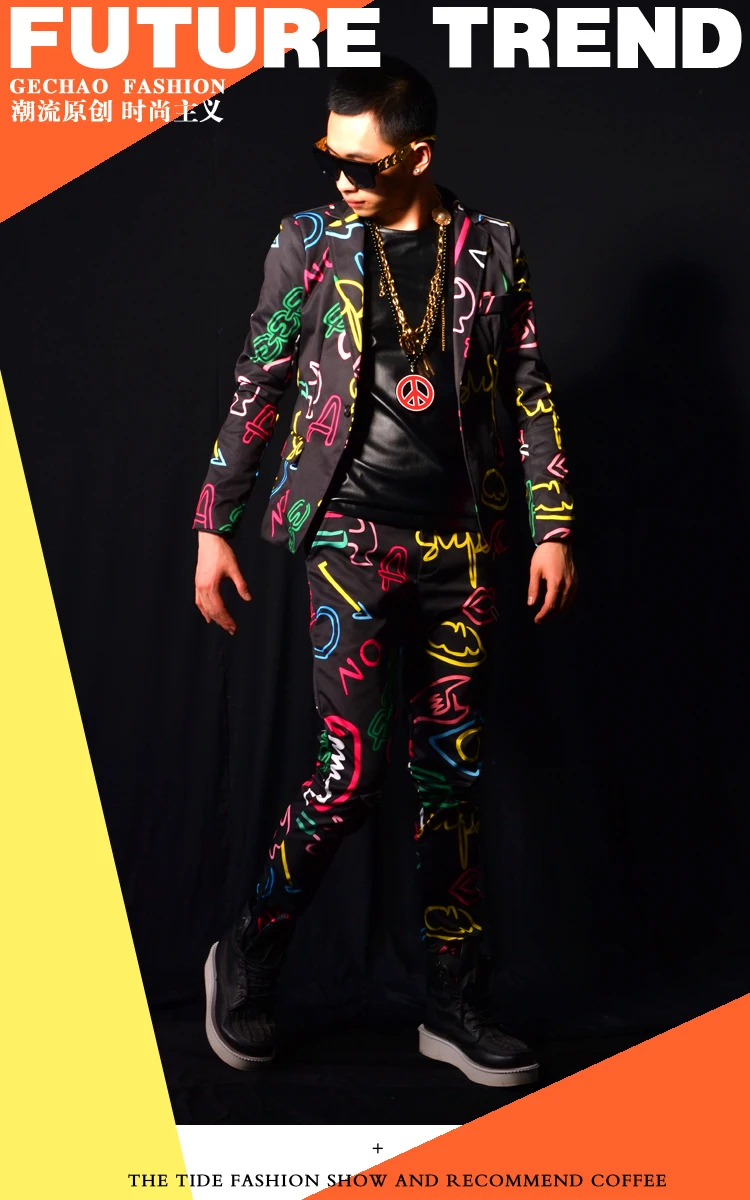 M-6XL! ночной клуб бар певец DSDJ Quan Zhilong GD неоновый цветочный костюм набор бар аксессуары для выступлений