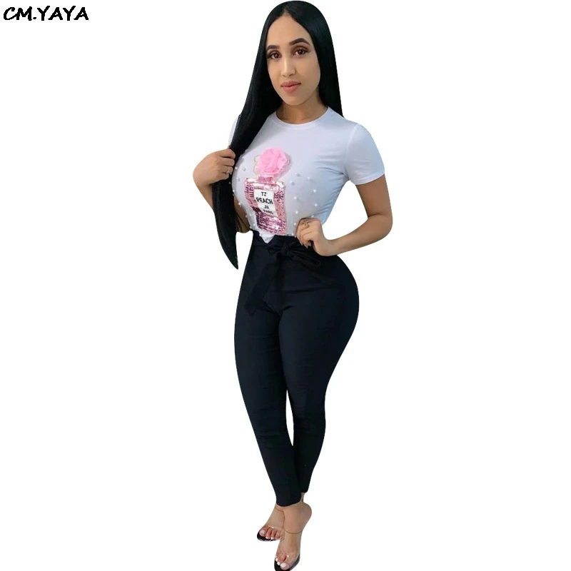 

2019 new women summer o-neck short sleeve pearls beading floarl appliques print tee top classic active wear t-shirts 2color D924