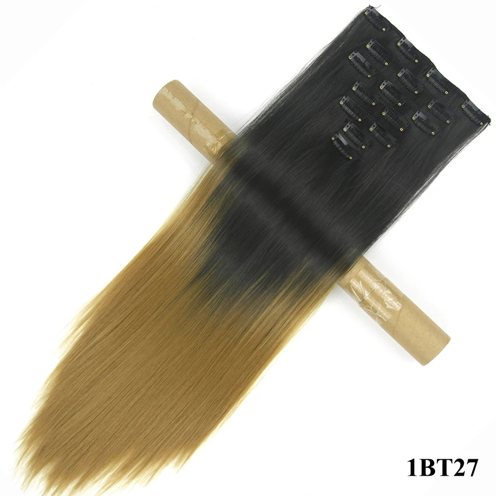 Soowee 24 дюймов 7 шт./компл. синтетический Высокая Температура волокно прямой чёрный; коричневый эффектом деграде(переход от темного к волосы на заколках для наращивания, 16 клипс, парик, заколки, заколки для волос - Цвет: 1B/27HL