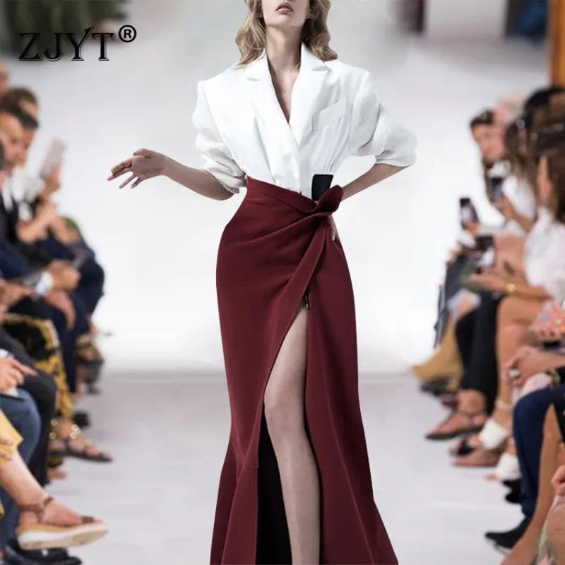 

Top Quality Catwalk Runway Suit Set Women 2019 Spring Elegant Designer Notched Collar Blazer Ruffles Skirt 2pcs Set Party Outfit
