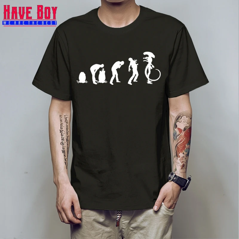 

HAVE BOY MEN Evolution of Alien T Shirt Summer Cool Printed Short Sleeve Cotton Evolution T Shirts Men HB317