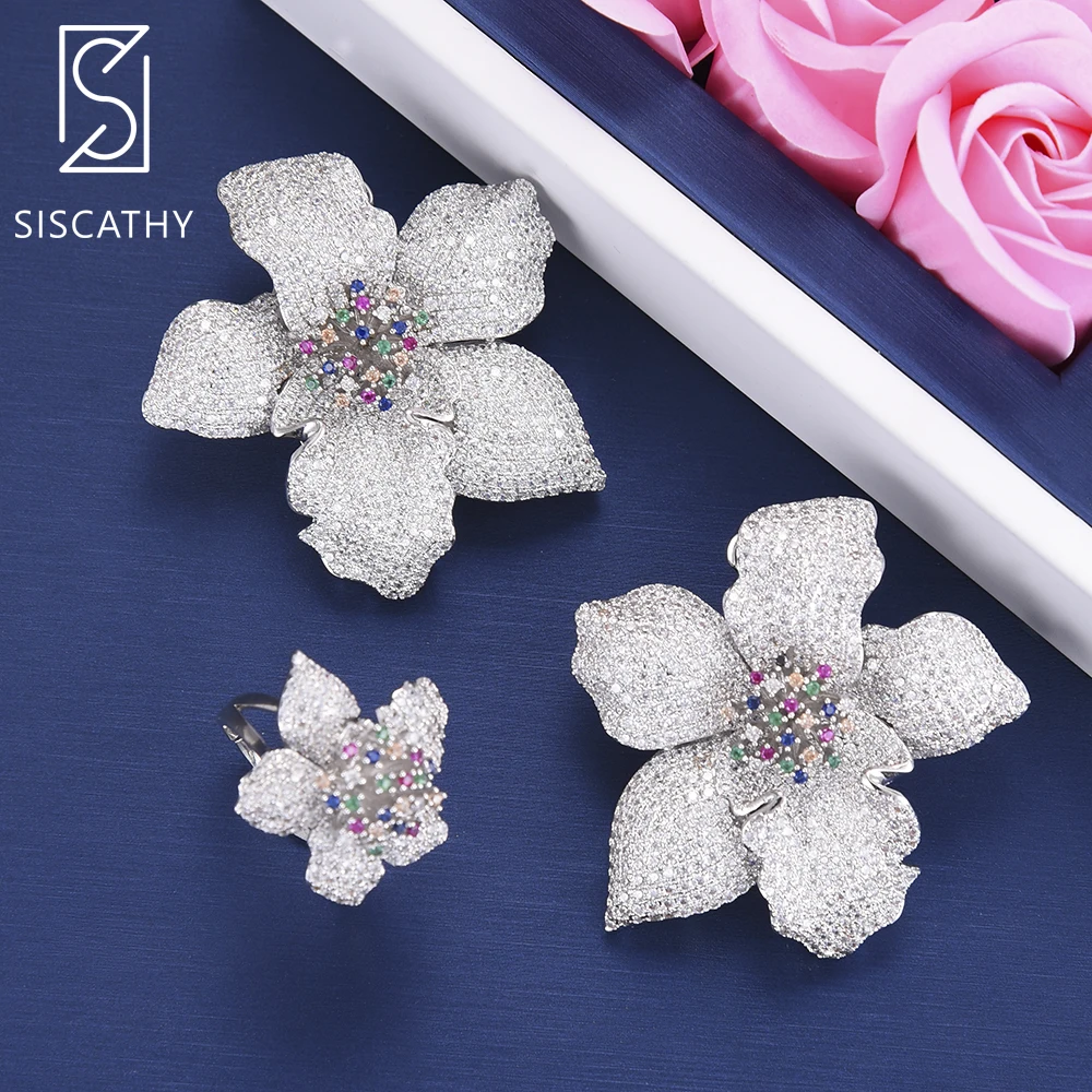 

SISCATHY Luxury Big Flower Shape Full Cubic Zirconia Stud Earrings Resizable Ring Jewelry Sets For Women Wedding Wear