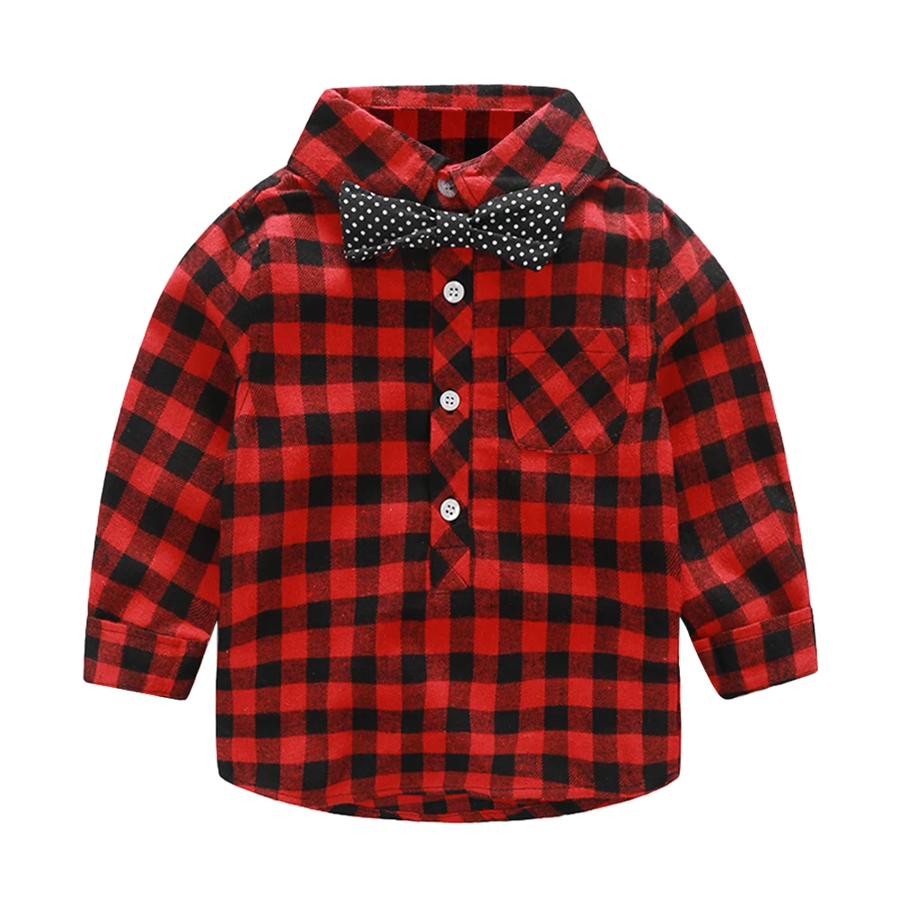 Baby Boy Clothes Autumn Newborn Baby Shirt Infant Clothing Gentleman Suit Long Sleeve Bowknot Plaid Shirt Top Boy Party Clothing