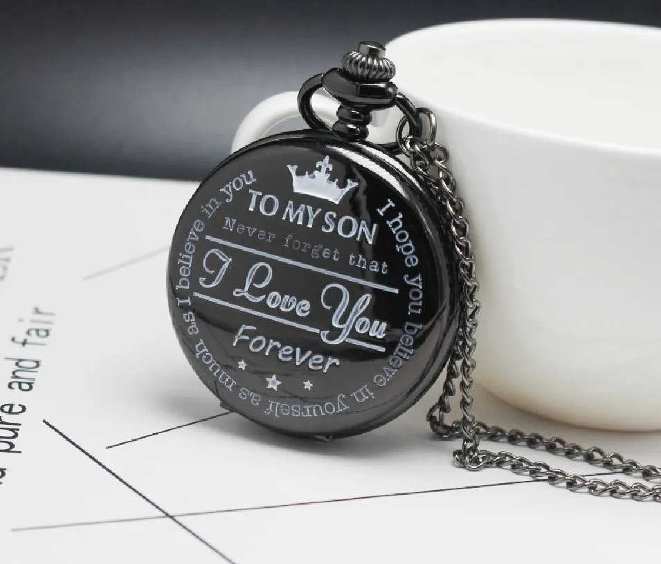 Pocket Watch TO MY SON I LOVE YOU Laser Engraved Quartz Flip Clock for