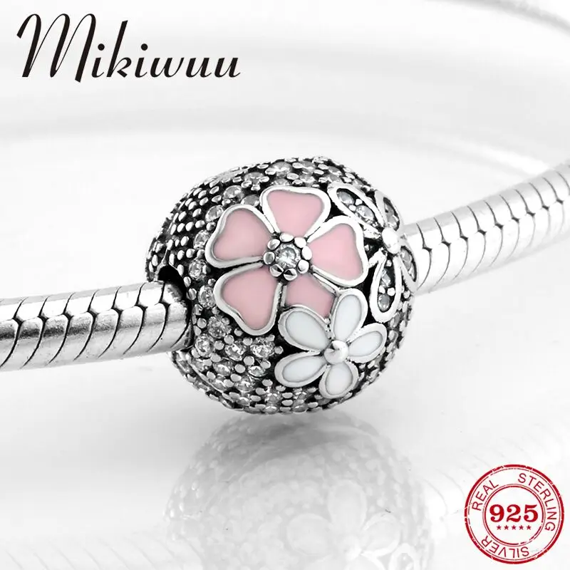 

925 Sterling Silver beautiful Blooms Flowers Pink Enamel and CZ Clip Beads Jewelry making fit Original Pandora Charm Bracelet