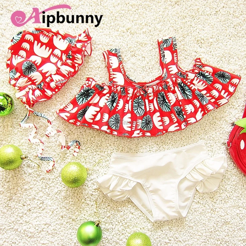 

Tank Top & Brief 3 Baby girl Infantil Pcs/Set Swimwear Hat & Ruffle Children Suit Beach Bikini Printed Bath Bottom