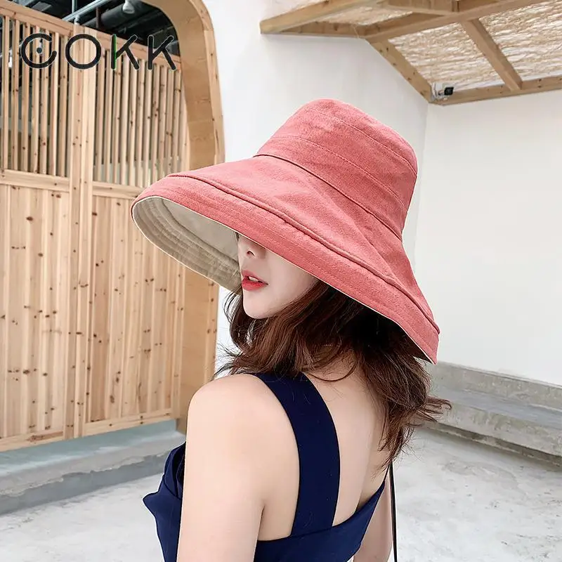 

COKK Bucket Hat Women's Wide Brim Beach Summer Sun Hat Fashion Chapeu Feminino Foldable Visor Cap Anti-UV Panama Cap Sunscreen
