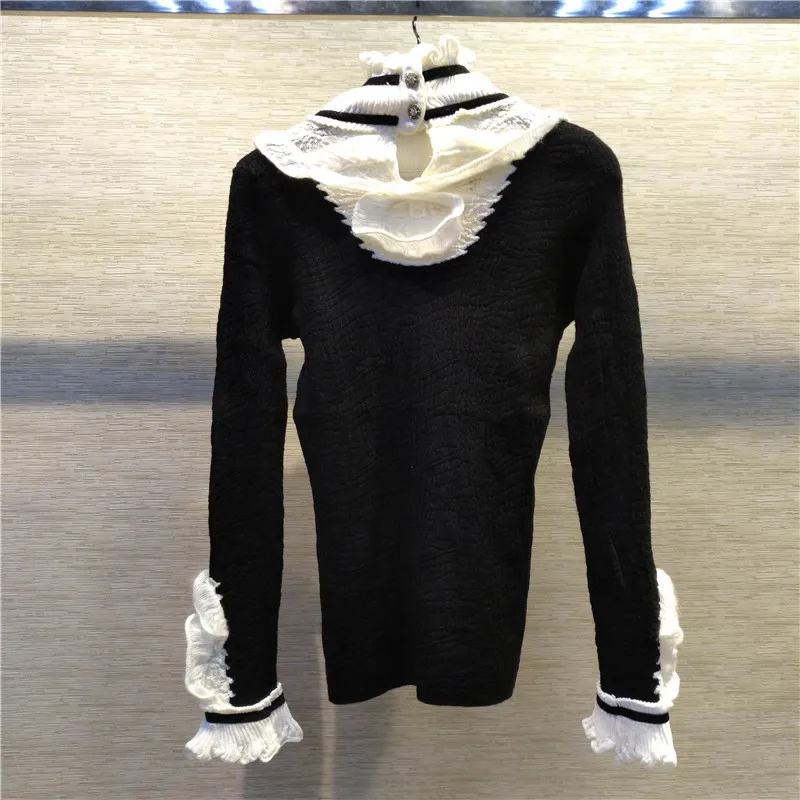 2018 Autumn Winter Christmas Black Sweater Pullovers Women Runway Designer White Ruffles cashmere Turtleneck Jumper Lady Clothes 2018 Autumn Winter Christmas Black Sweater Pullovers Women Runway Designer White Ruffles cashmere Turtleneck Jumper Lady Clothes