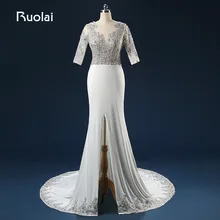 Real Image High Quality Sliver Appliques Crystal Half Sleeves Mermaid Wedding Dresses 2017 with Slit Long Bridal Gown FW74