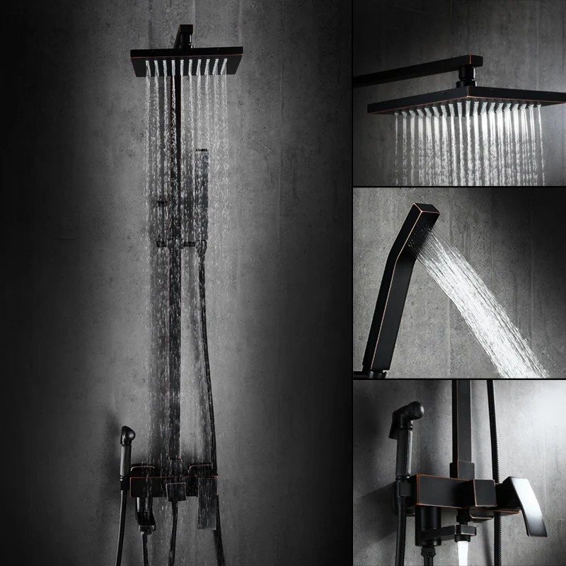 Black Full Copper Four Files Shower Set Square Inferior Smooth Shower