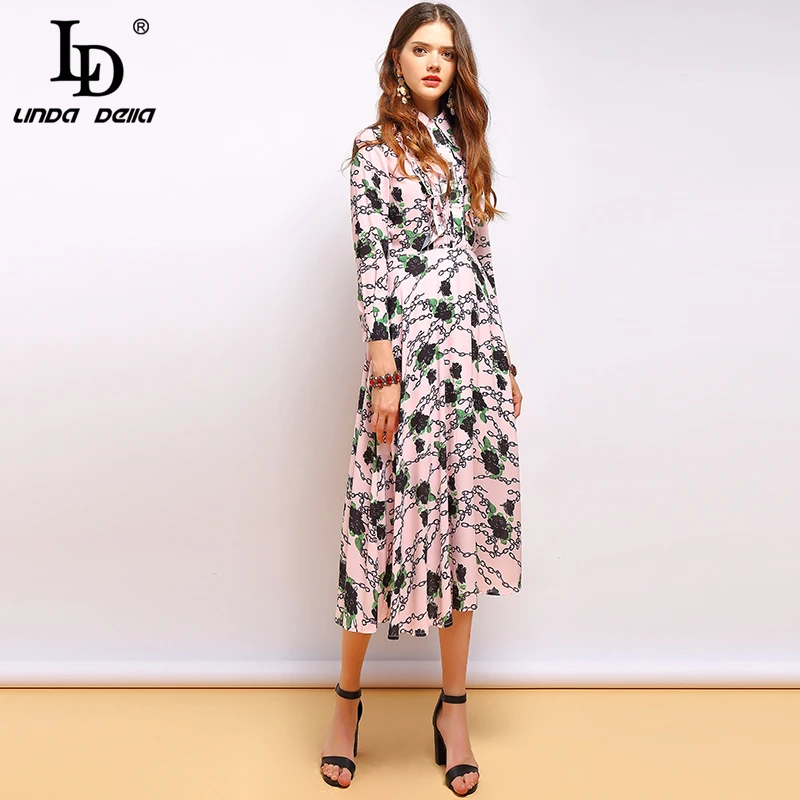 

LD LINDA DELLA 2019 Fashion Summer Vintage Dress Women's Three Quarter Ruffles Floral Printed Elegant Ladies Vacation Dresses
