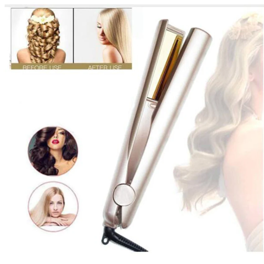 

Hot Selling Hair Iron 2 in 1 Hair Straightening Curling Gold Plated Titanium Gift US/EU/UK Plug 110-240V Voltage