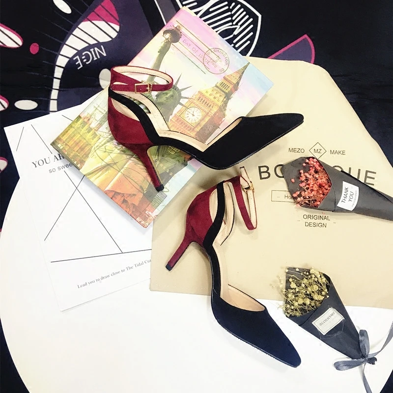 

2018 early spring suede pointed high heels Sexy night club fine with a word buckle hollow single shoes female spell color