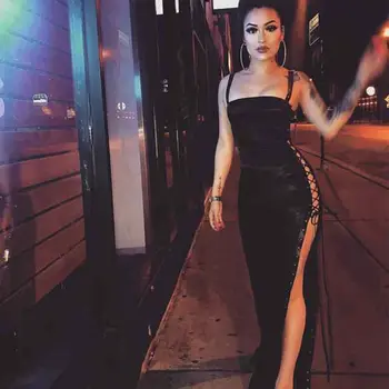 

Newest Autumn Celebrity Party Women Dress Black Spaghetti Strap Lace-up Split Sexy Night Out Club Maxi Dress Women Vestidos
