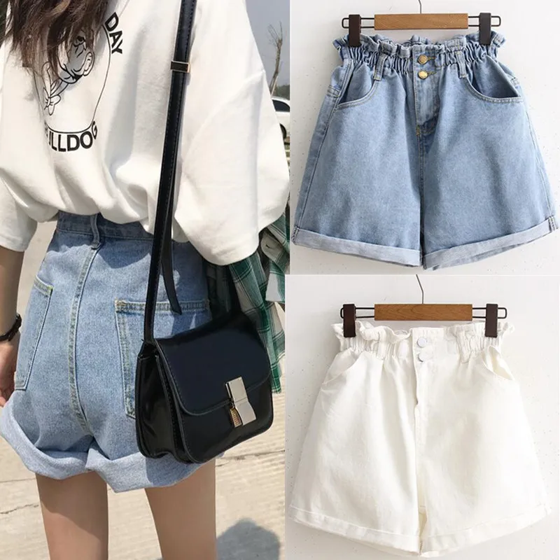 

2019 Hot Shorts Summer Casual Women Jeans Shorts Korean Preppy High Waist Plus Size Blue Denim Shorts Edge Curl White