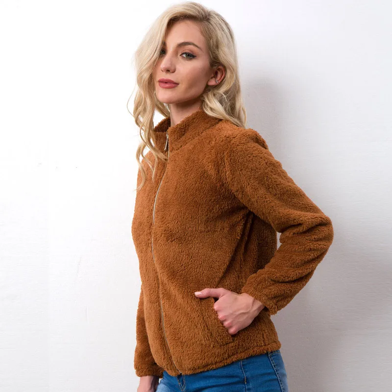 Autumn And Winter Women's Jacket 2018 New Coat Imitation Alpaca Long-Sleeved Stand Collar Pocket Plush Short Coat AS061 (3)
